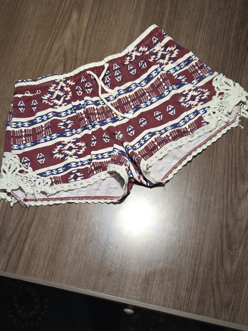 Source Unknown Burgundy Aztec Print Crochet Trim Shorts